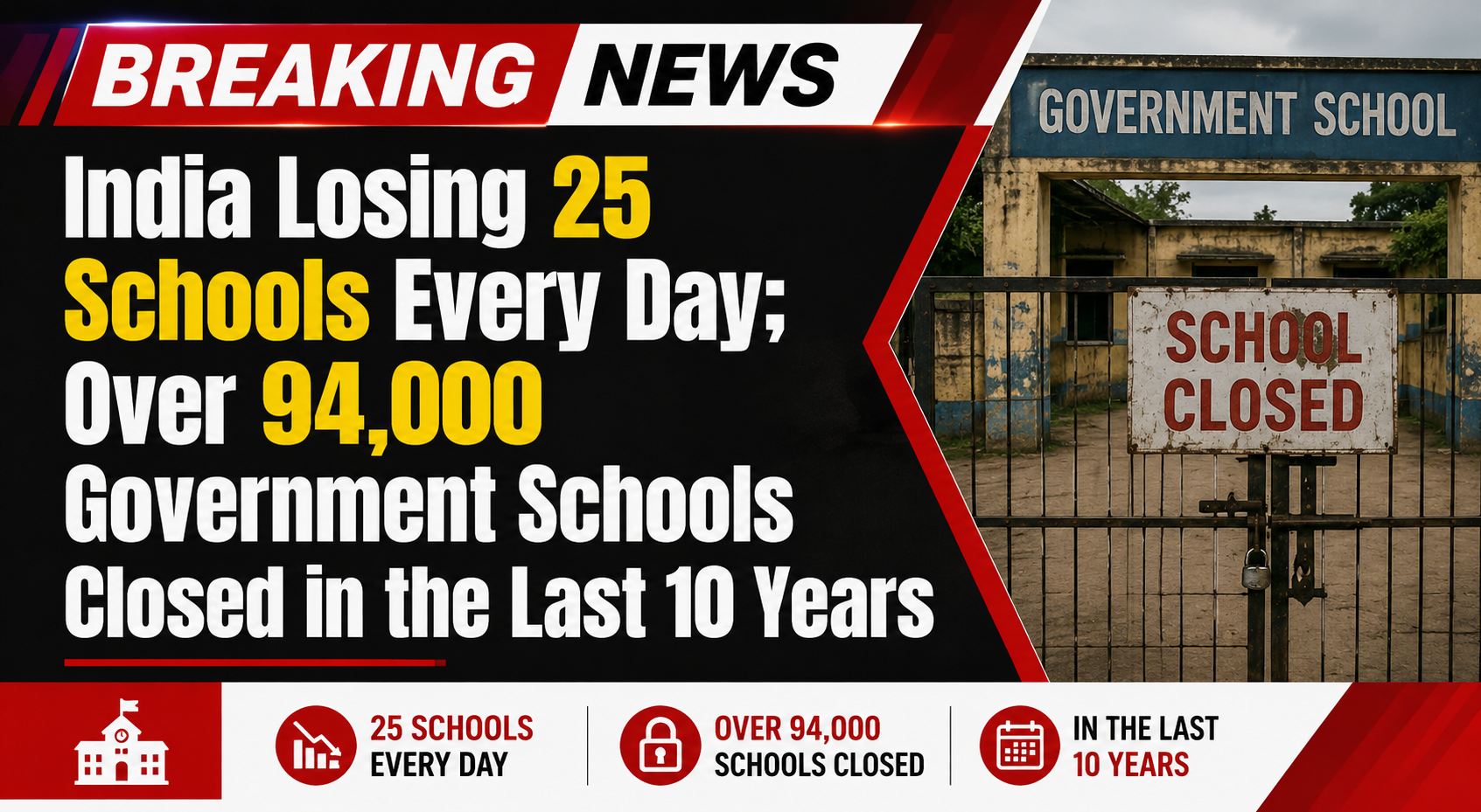 India Losing 25 Schools Every Day; Over 94,000 Government Schools Closed in the Last 10 Years